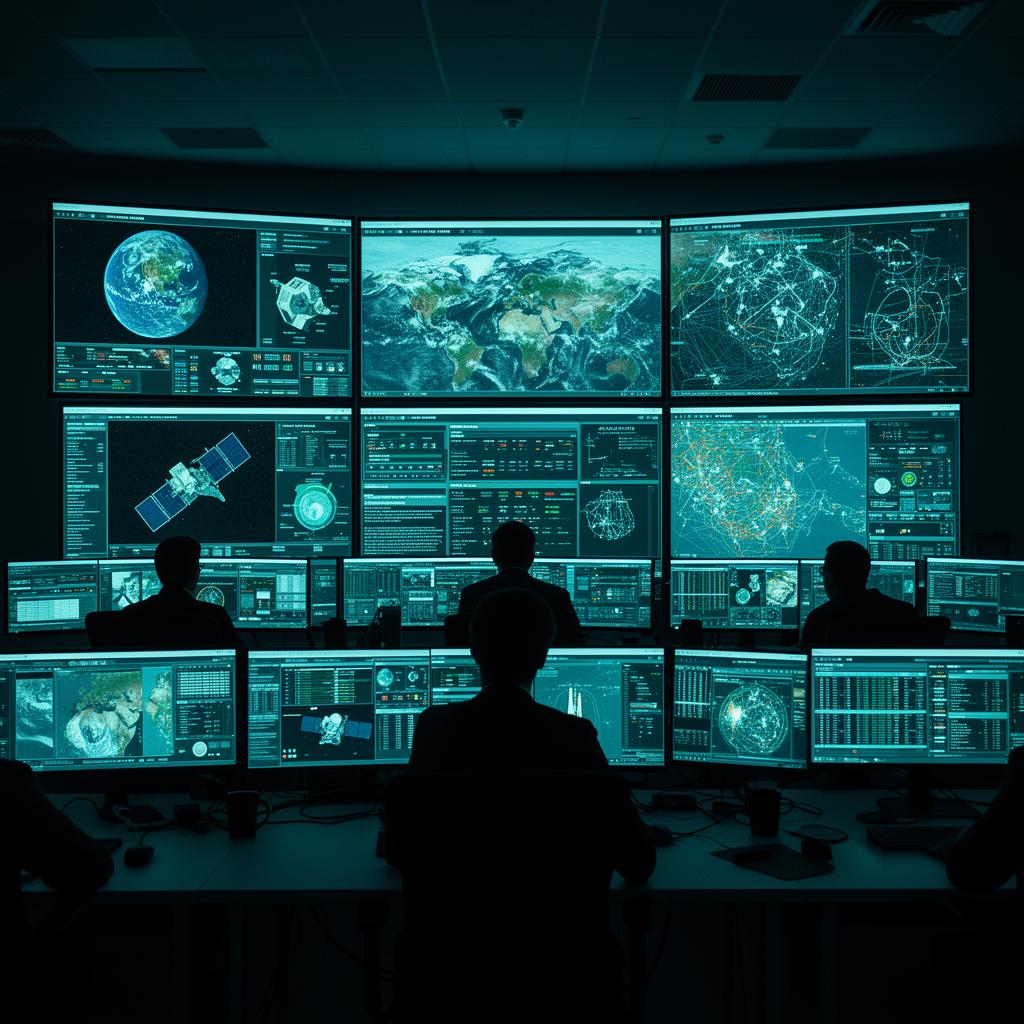 Centre de contrôle aérospatial affichant des données satellitaires et de surveillance