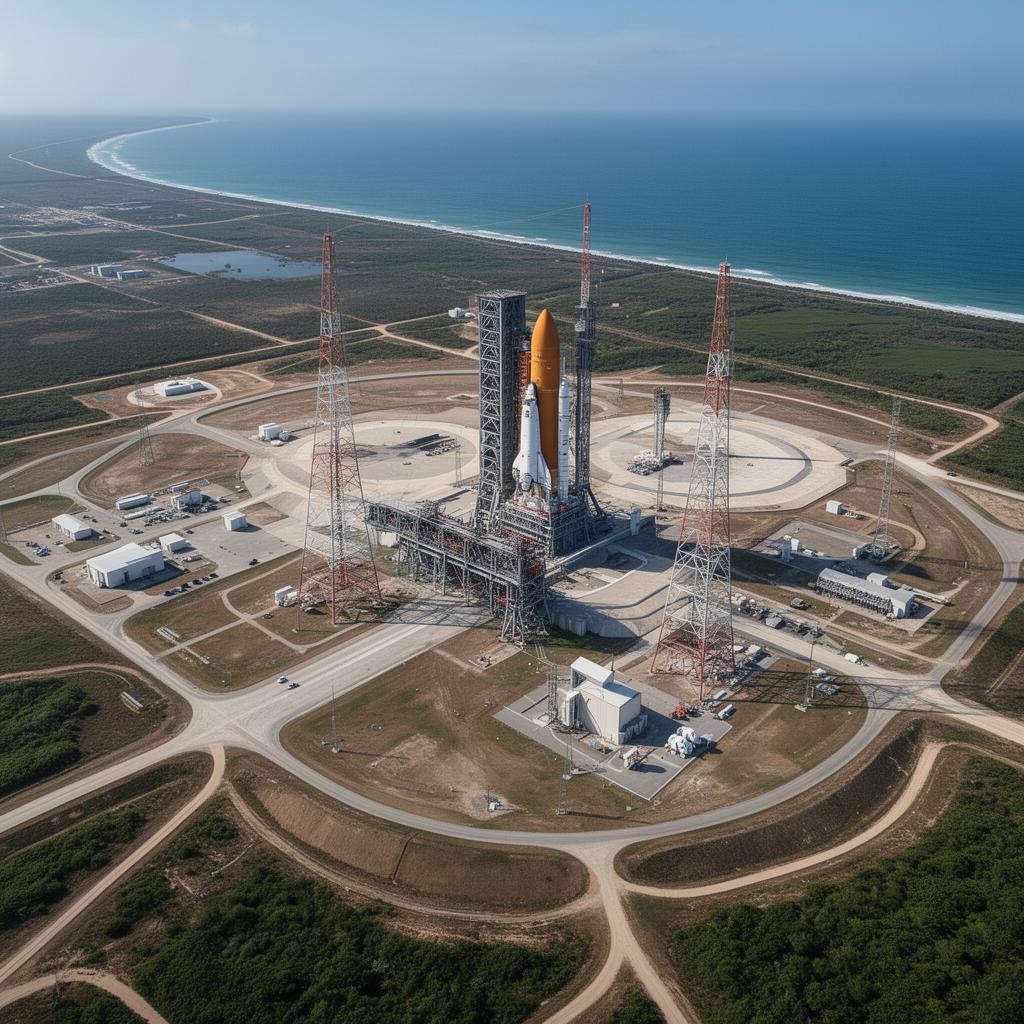Base de lancement spatiale observée depuis l'espace avec couches de données
