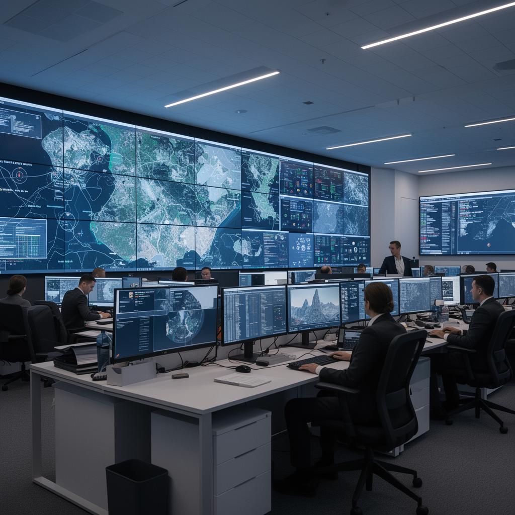 Centre de coordination de crise avec cartographie temps réel issue d'imagerie satellitaire