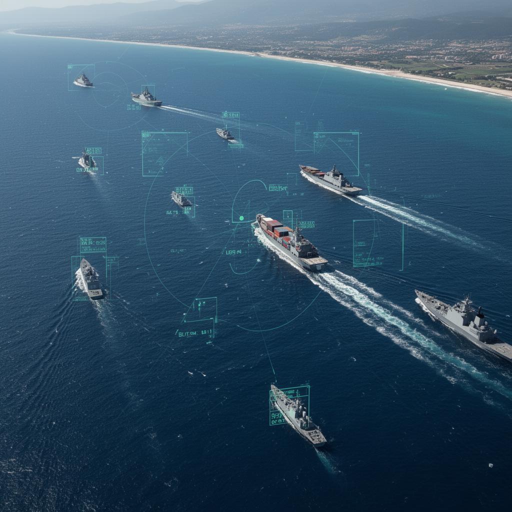 Satellite surveillant le trafic naval dans des eaux stratégiques avec analyse IA de la situation