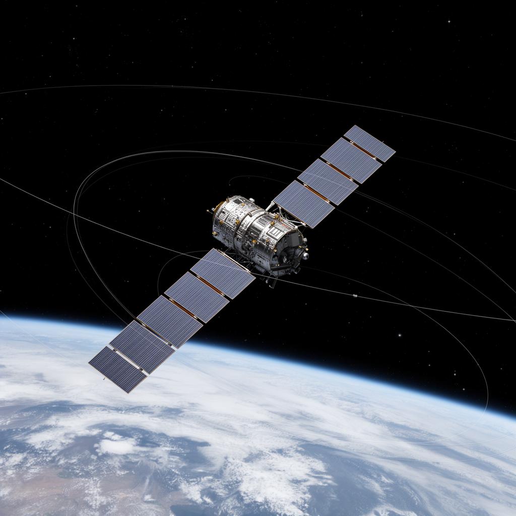 Constellation de satellites et trajectoires orbitales surveillant l'environnement spatial autour de la Terre
