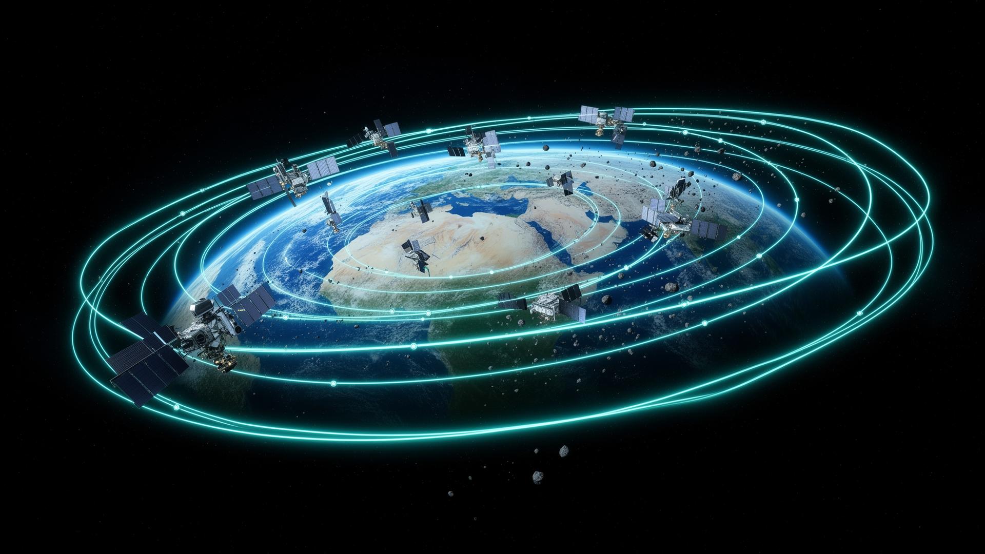Constellation de satellites et trajectoires orbitales surveillant l'environnement spatial autour de la Terre