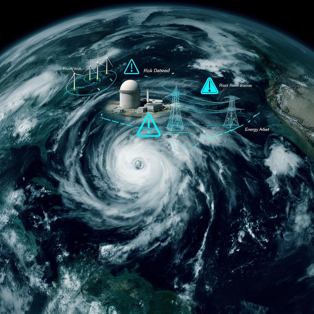 Vue satellite combinant systèmes météorologiques et actifs énergétiques exposés aux risques