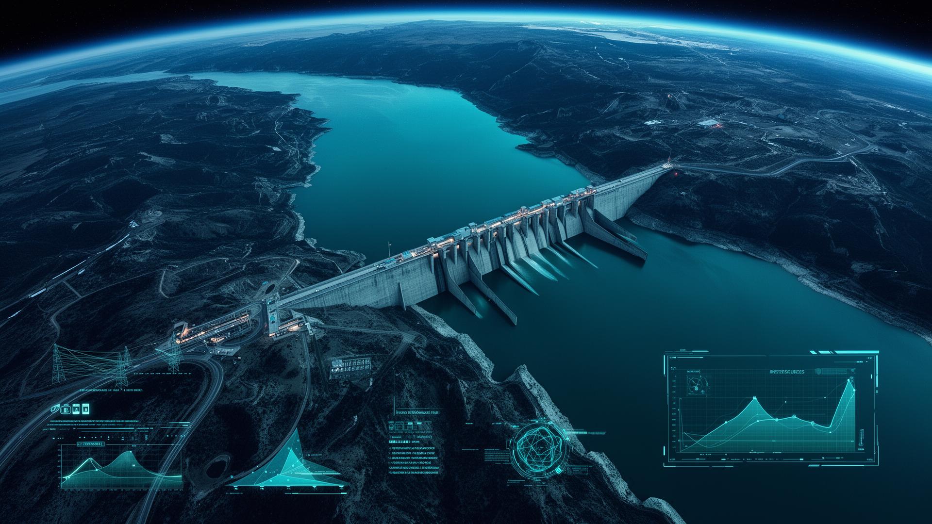 Grand barrage hydroélectrique et réservoir vus depuis l'espace, surveillance satellitaire des ressources en eau