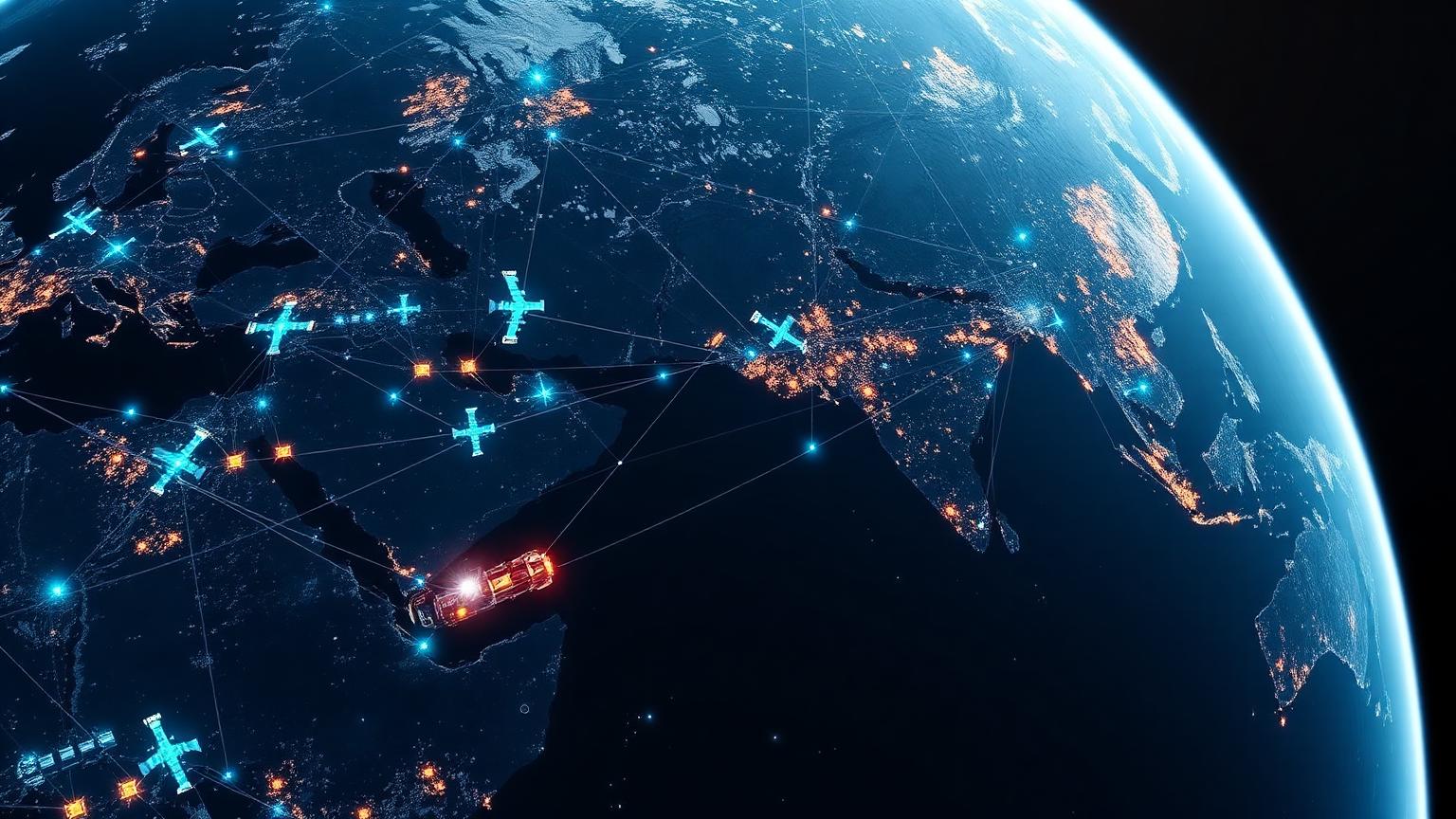 Réseau logistique mondial vu depuis l'espace, ports, aéroports et flux connectés par satellites