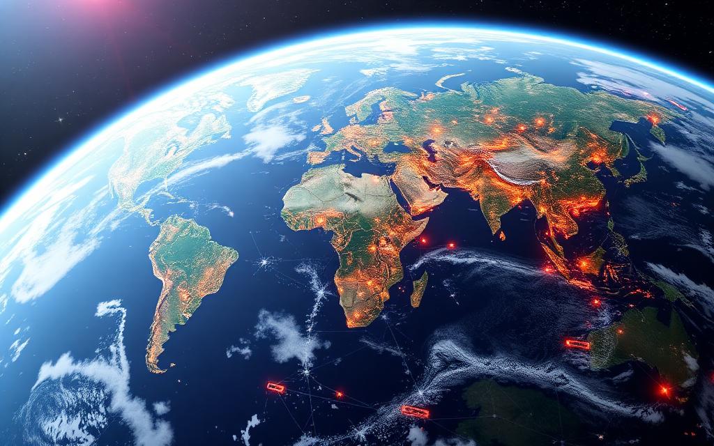 Jumeau numérique d'une chaîne logistique mondiale intégrant imagerie satellite, données météo et prédictions IA
