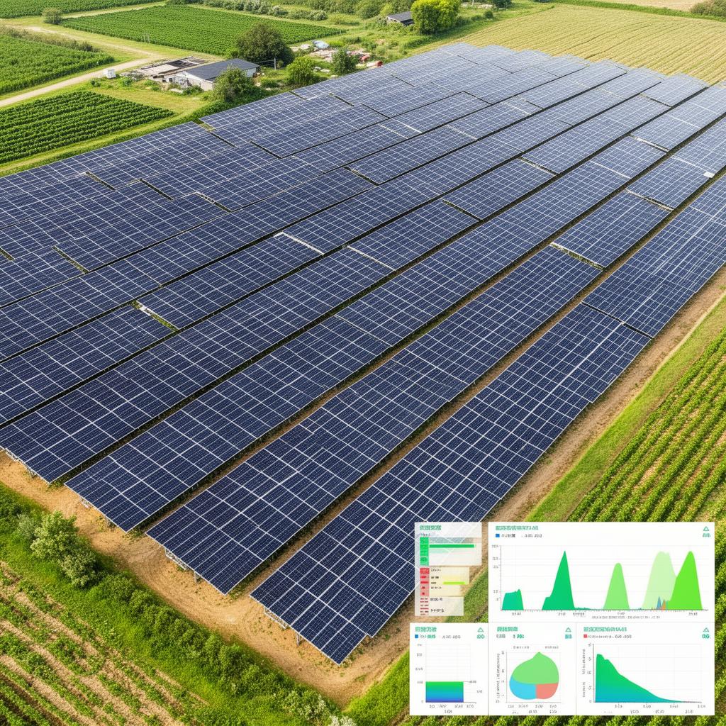 Ferme agrivoltaïque vue depuis l'espace, combinant agriculture et production solaire